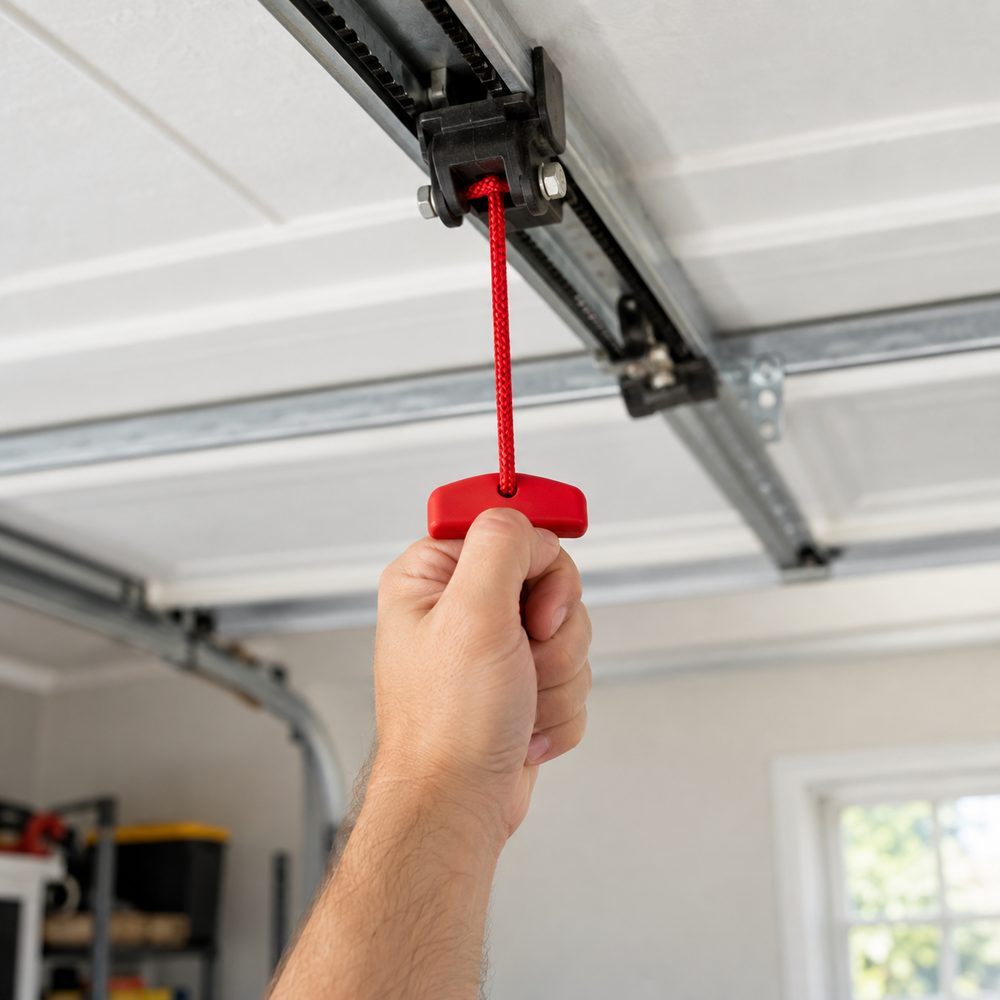 Hand pulling the red emergency release cord that hangs from a garage door opener rail