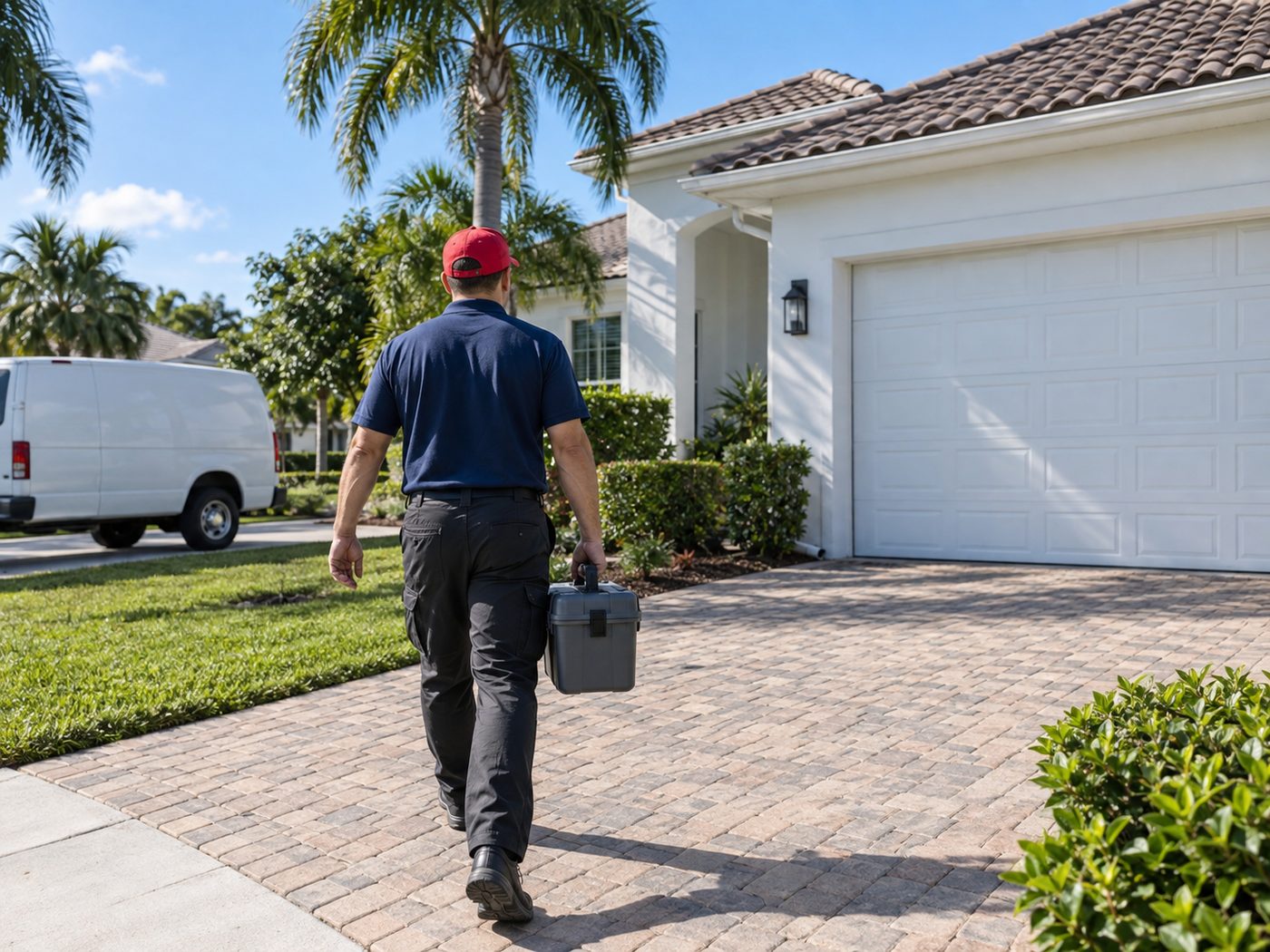 Technician in a navy polo and red cap walking up a paver driveway toward a white garage door, service van at the curb