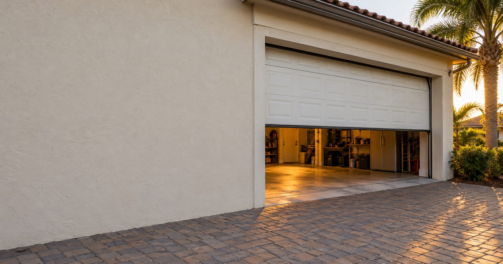 White garage door halfway open on a Florida stucco home at golden hour