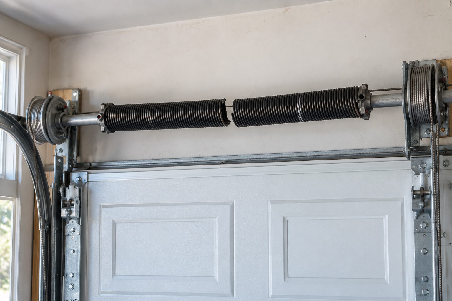 Torsion springs on a steel shaft above a white garage door