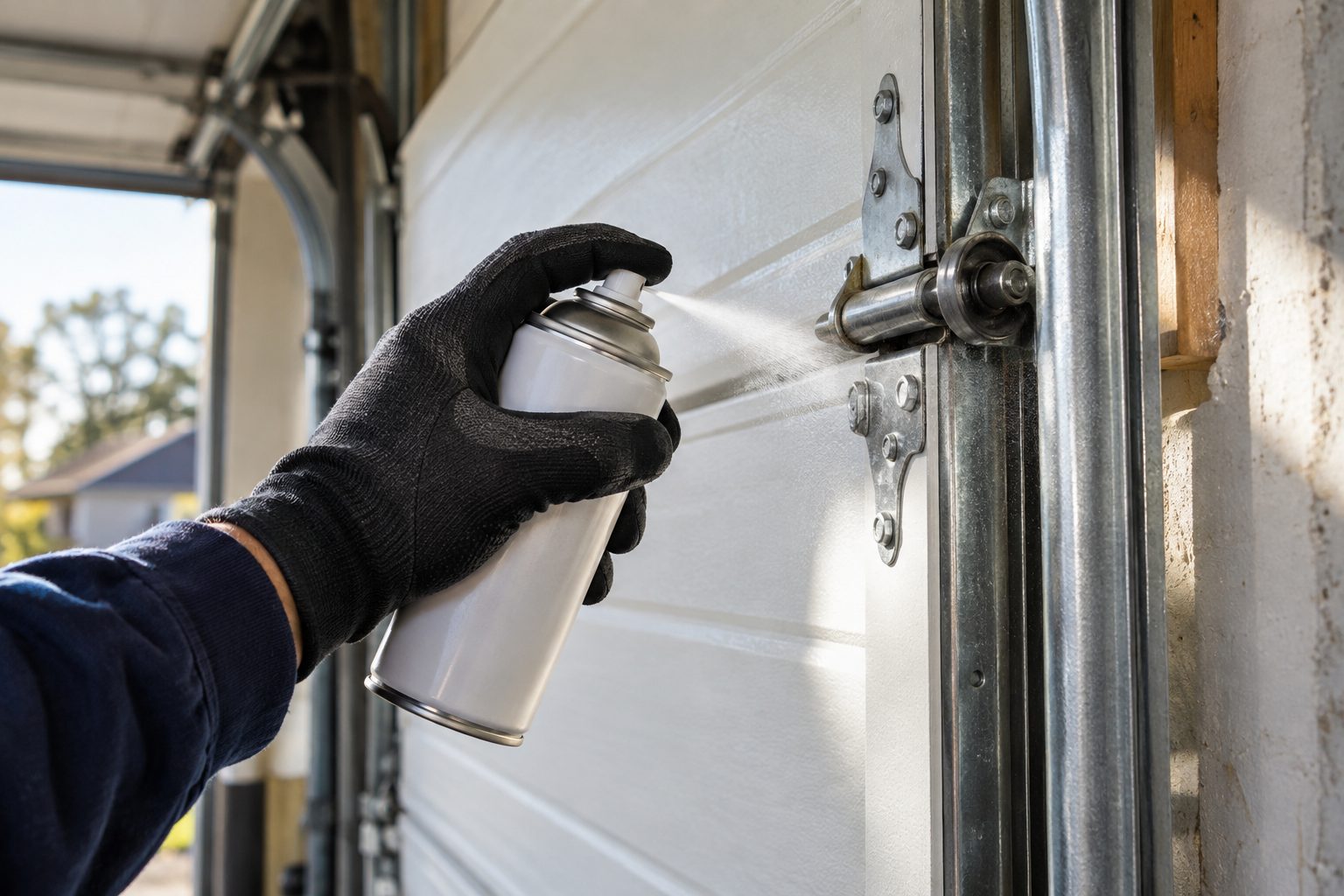 Gloved hand spraying lubricant onto the hinges and rollers of a white garage door