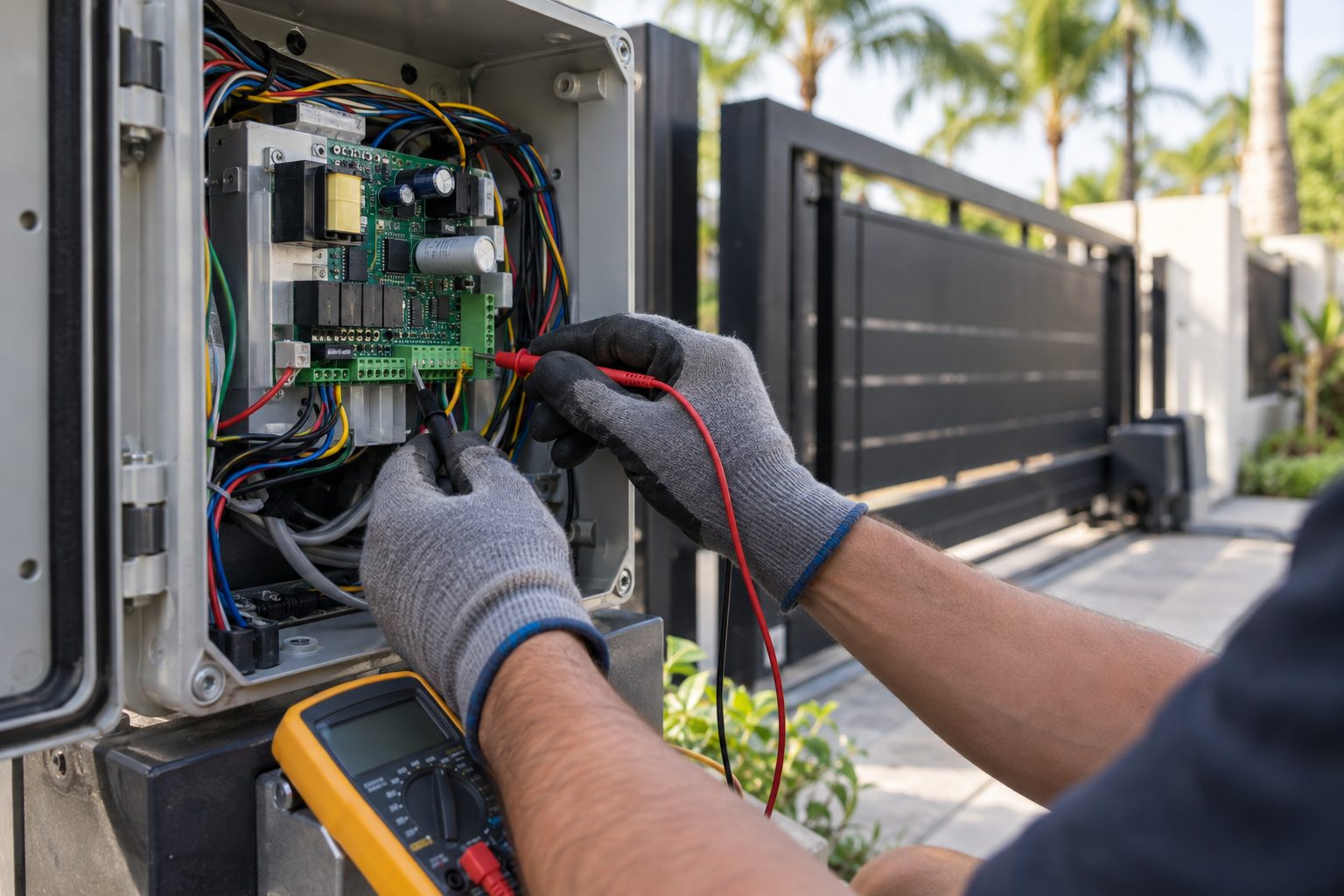 Gloved hands testing the wiring inside an automatic gate operator control box with a multimeter