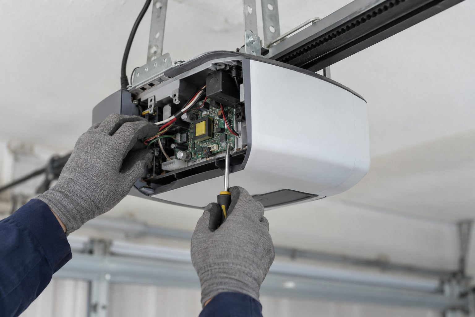 Gloved hands working on the open circuit board of a ceiling-mounted garage door opener