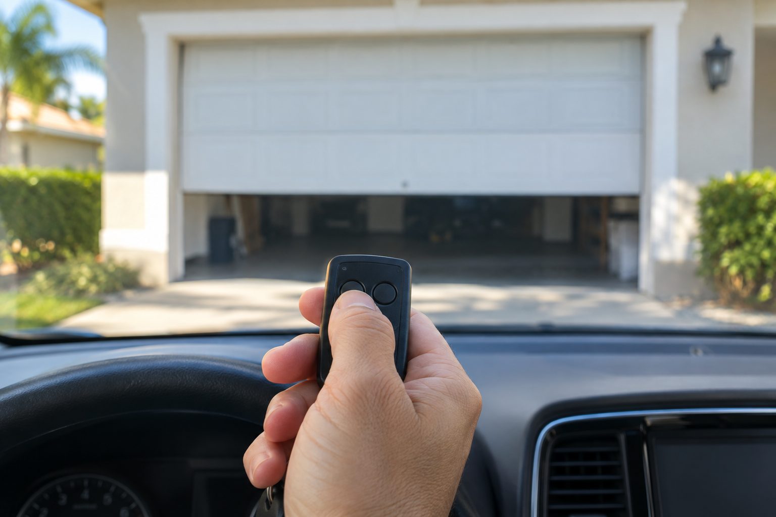 Hand pressing a garage door remote from inside a car as the door opens ahead